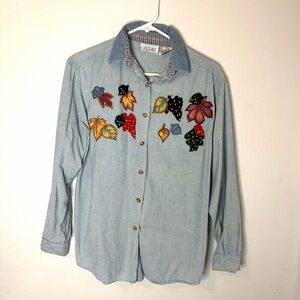 Vicki Way Women's Blue Button Down Shirt with Leaf Embroidery